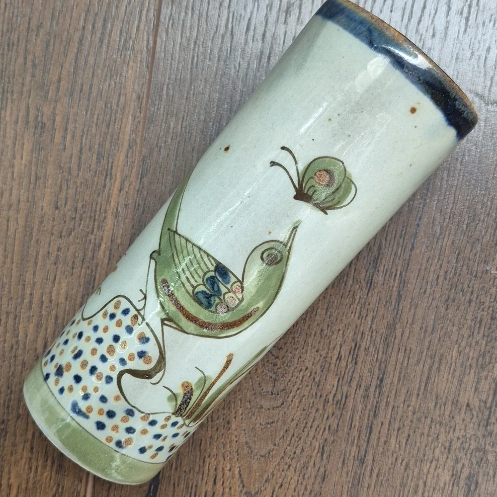 Tonala Vase Ken Edwards, Signed. Flowers Bird And Butterfly.